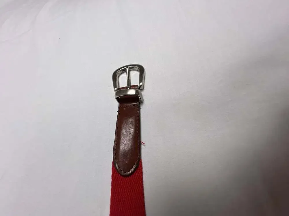 Woolrich Red Woven Canvas Belt with Brown Leather Accents and Solid Brass Buckle